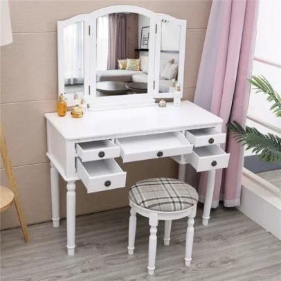 Ktaxon 5-Drawer Folding Mirror and Makeup Table Set with Bench