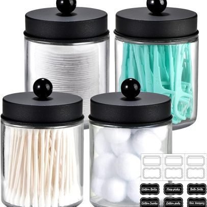 4 Pack Apothecary Jars Bathroom Vanity Storage Organizer Set - Qtip Dispenser Holder for Qtips,Cotton Swabs,Makeup Sponges(Black)