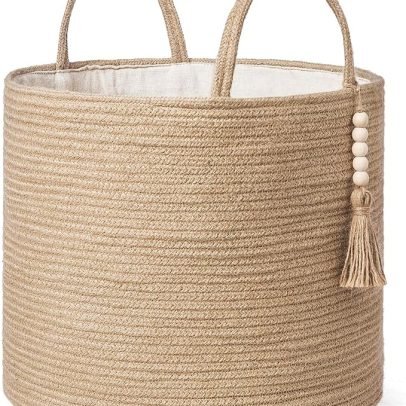 Woven Storage Basket Decorative Rope Basket Wooden Bead Decoration for Blankets,Toys,Clothes,Shoes,Plant Organizer Bin with Handles Living Room Home Decor, Jute, 16" W × 13.8"L
