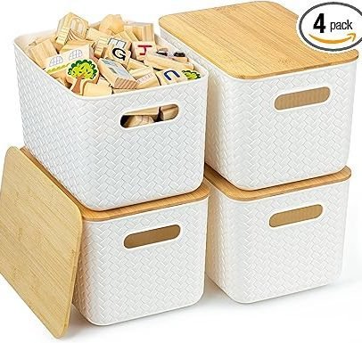 4 Packs Storage Bins with Bamboo Lids - Plastic Storage Containers with Lids Stackable Storage Box, White