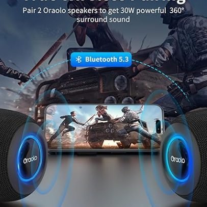 Oraolo Bluetooth Speaker IPX7 Waterproof Portable Bluetooth Speaker with 15W Immersive Audio, 30 Hours Play Time, LED Light, Bluetooth 5.3, Support TWS, Wireless Speaker for Outdoor Camping Home