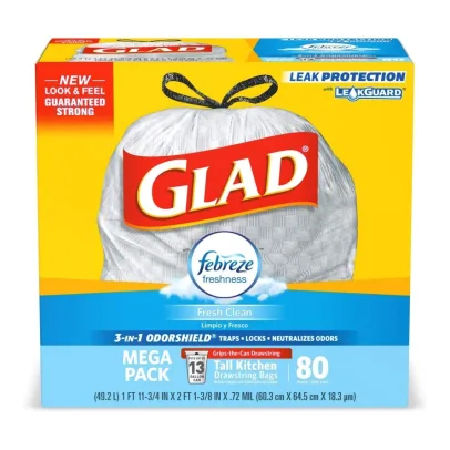 Glad Tall Kitchen Drawstring Trash BagsOdorShield 13 Gallon Grey Trash Bag, Febreze Fresh Clean80 Count