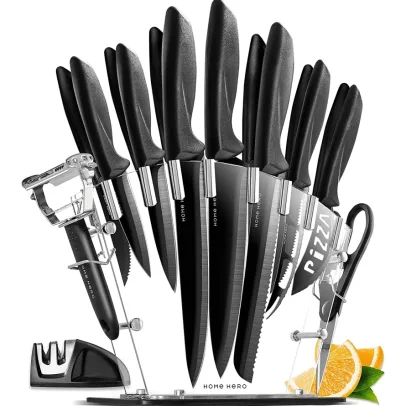 Home Hero Kitchen Knife Set, Steak Knife Set & Kitchen Utility KnivesUltra-Sharp High Carbon Stainless Steel Knives with Ergonomic Handles (17 Pc Set, Black)