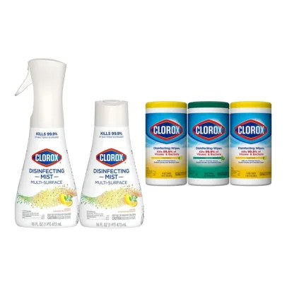 Clorox Cleaning Bundle Disinfecting Mist Lemon and Orange Blossom Scent (1 Spray Bottle & 1 Refill, 16 Fl Oz Each) Disinfecting Wipes (3-Pack, 75ct Each)