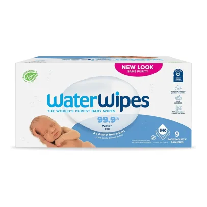 WaterWipes Plastic-Free Original Baby Wipes, 99.9% Water Based Wipes, Unscented & Hypoallergenic for Sensitive Skin, 540 Count (9 packs), Packaging May Vary