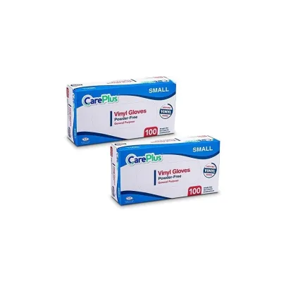 Care Plus [200 Count Disposable Plastic Vinyl Clear Small Size Gloves, Allergy, Latex And Powder Free, Great For Home Kitchen Or Office Cleaning, Cooking, 2 Boxes