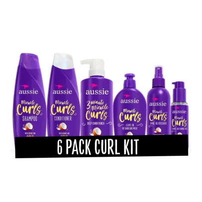 Aussie Miracle Curls Collection: Shampoo, Conditioner, Deep Conditioner, Spray Gel, Detangling Milk, and Oil Hair Treatment (6 Piece Set)
