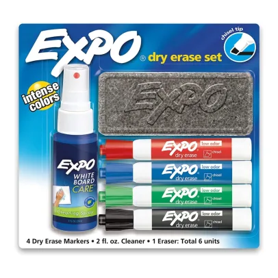EXPO Low Odor Dry Erase Marker Starter Set, Chisel Tip, Assorted, Whiteboard Eraser, Cleaning Spray, 6 Count