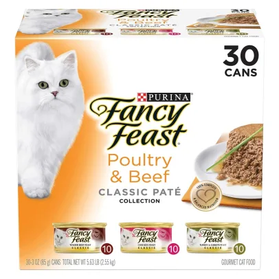 Purina Fancy Feast Grain Free Pate Wet Cat Food Variety Pack, Poultry & Beef Collection3 oz. Cans, 30 Count (Pack of 1)