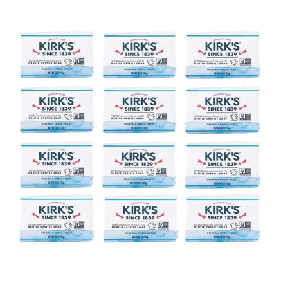 Kirk's Castile Bar Soap Clean Soap for Men, Women & Children| Premium Coconut Oil | Sensitive Skin Formula, Vegan | Original Fresh Scent | 4 oz. Bars12 Pack
