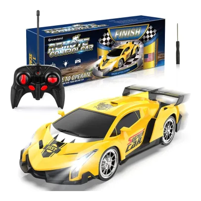 Growsland Remote Control Car, RC Cars Xmas Gifts for Kids 1/18 Electric Sport Racing Hobby Toy Car Yellow Model Vehicle with Lights and Controller Kids Toys Gifts for 4 5 6 7 8-12 Year Old Boys Girls