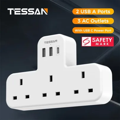 🔥Today Only Sale🔥TESSAN Multi Plug Adapter with USB C Hub,3 Way Extension Plug with ype C, Extension Socket Charger